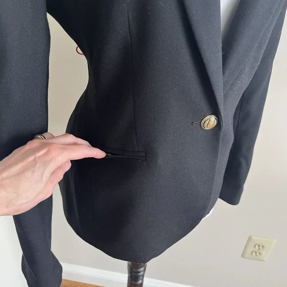 J Crew Wool Blazer Size 6 Black Gold Crest Buttons Striped Lining Preppy Office
